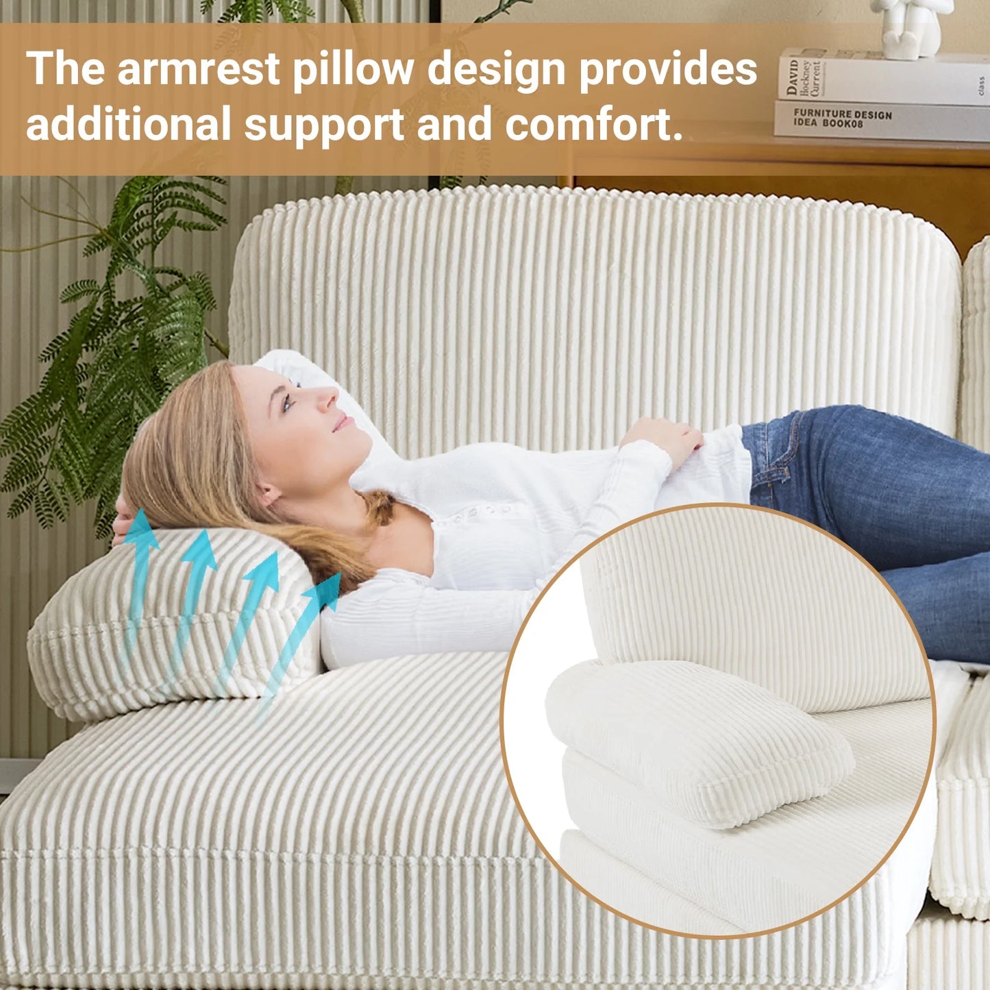 U-Shaped Sectional Sofa, 111" Corduroy Couch, 4 Seat Lounge Sleeper with Double Chaise for Living Room off White