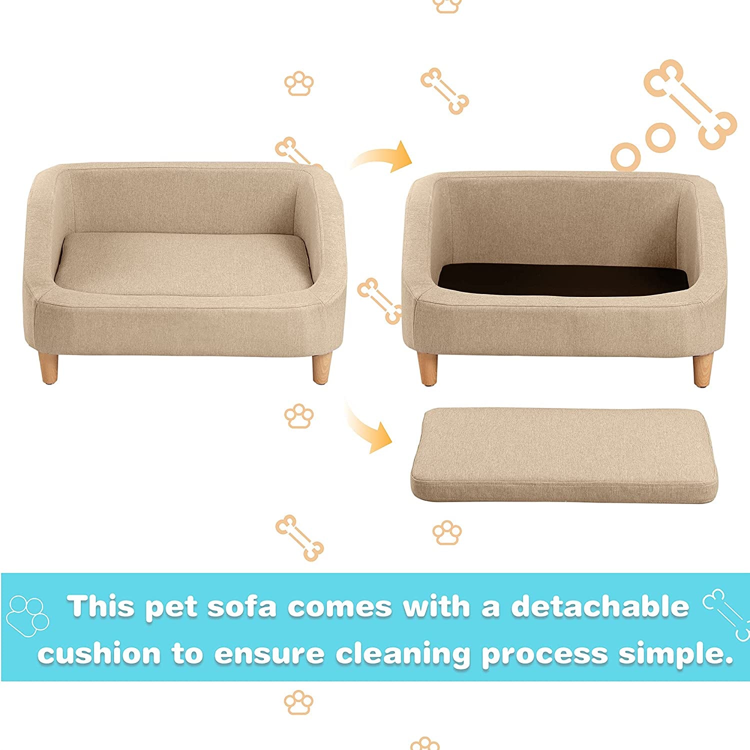 Pet Sofa with Movable Cushion, Rectangle Sofa with Wood Foot, Dog Sofa Dog Bed, Cat Sofa Cat Bed, Wooden Structure and Linen Pet Sofa Bed, Three Size (Small, Beige)