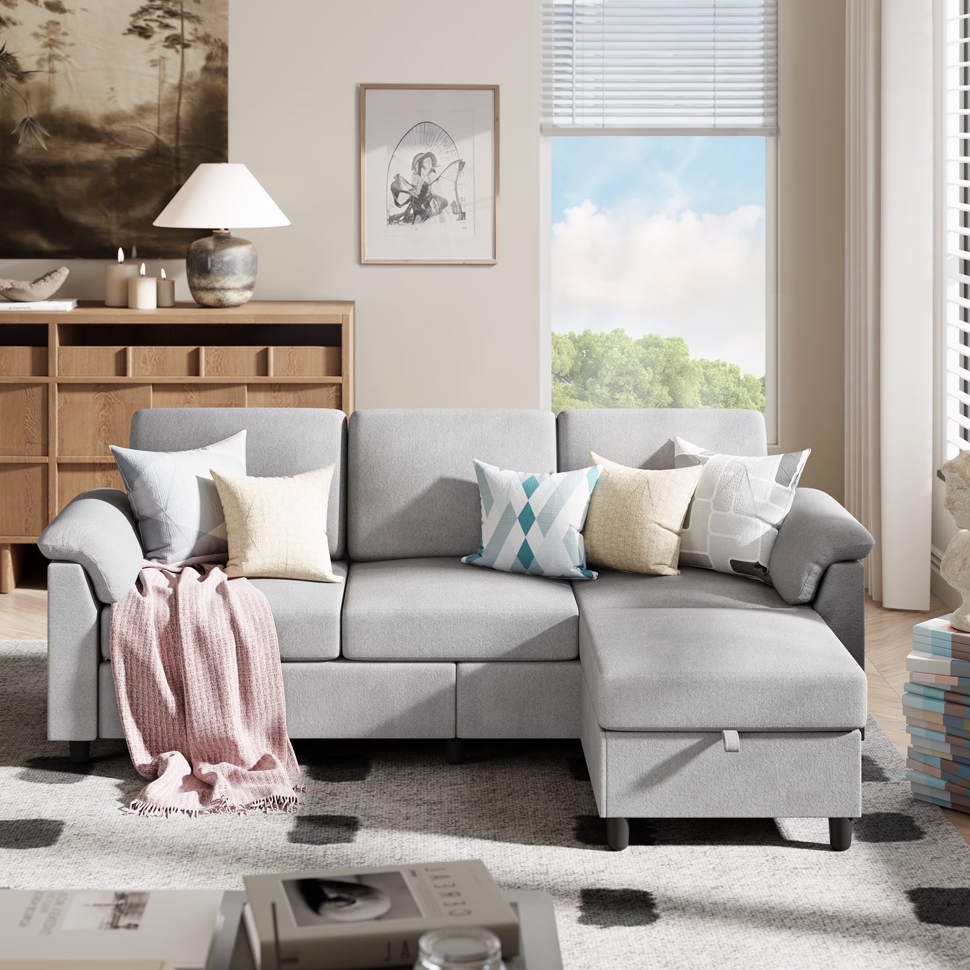 79.1" Sectional Sofa with Movable Storage Ottoman, L-Shaped Convertible Sofa Couch for Small Living Room, Ottoman, L-Shaped Convertible Sofa Couch for Small Living Room, Light Grey