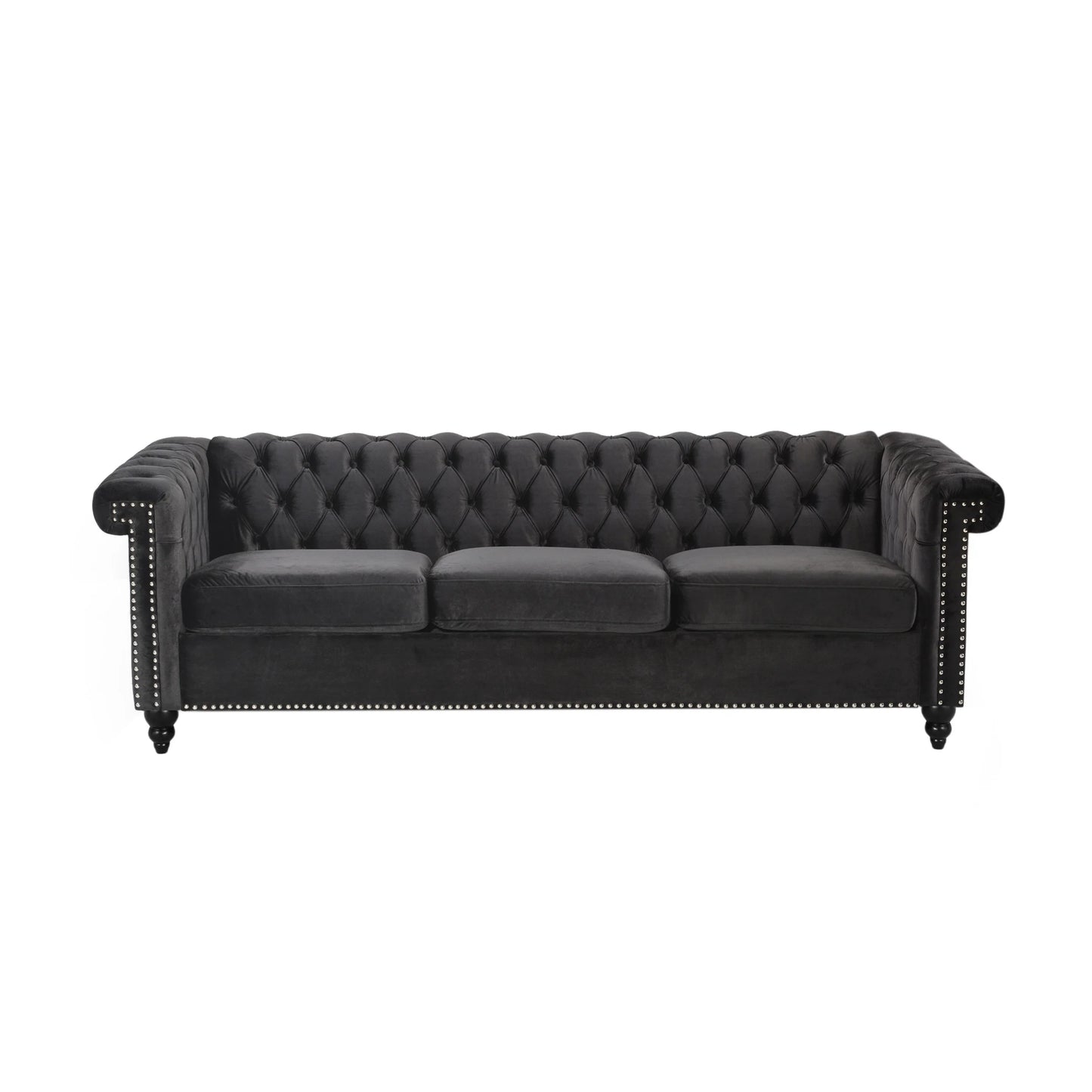 Zyiere Tufted Chesterfield 3 Seater Sofa, Black Velvet and Dark Brown