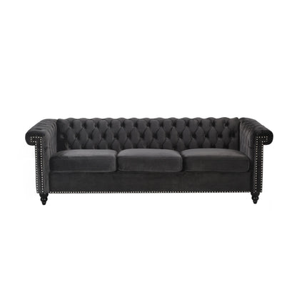 Zyiere Tufted Chesterfield 3 Seater Sofa, Black Velvet and Dark Brown