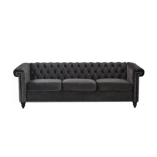 Zyiere Tufted Chesterfield 3 Seater Sofa, Black Velvet and Dark Brown