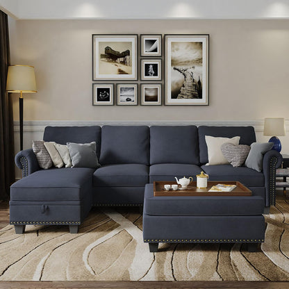 Convertible Sectional Sofa Couch, L Shaped Sofa with Storage Ottoman, Reversible Couch for Living Room, Denim Blue