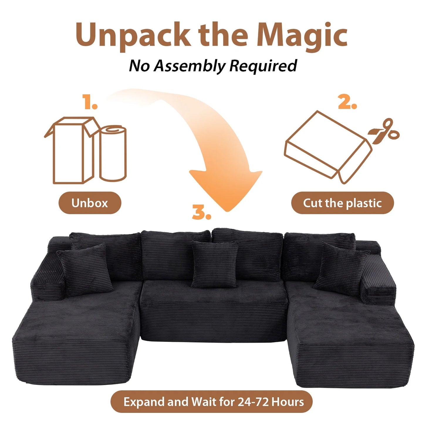 Indoor Modular Sectional Sofa, 132'' Corduroy Cloud Couch with Double Chaise, U Shaped Sofas with Deep Seat, Comfy Fluffy Plush Couches, No Assembly Required, Black