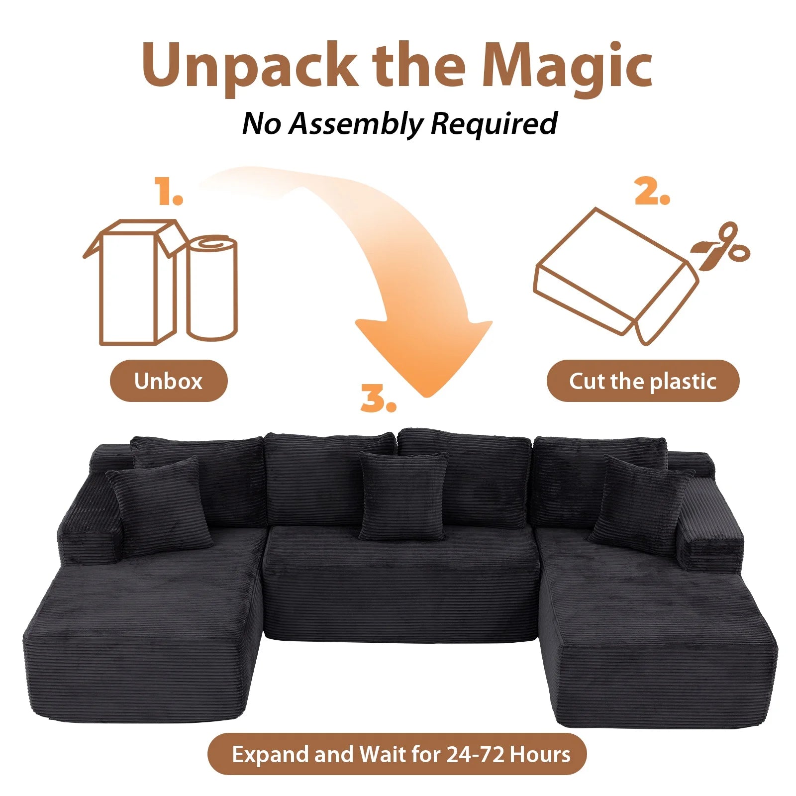 Indoor Modular Sectional Sofa, 132'' Corduroy Cloud Couch with Double Chaise, U Shaped Sofas with Deep Seat, Comfy Fluffy Plush Couches, No Assembly Required, Black