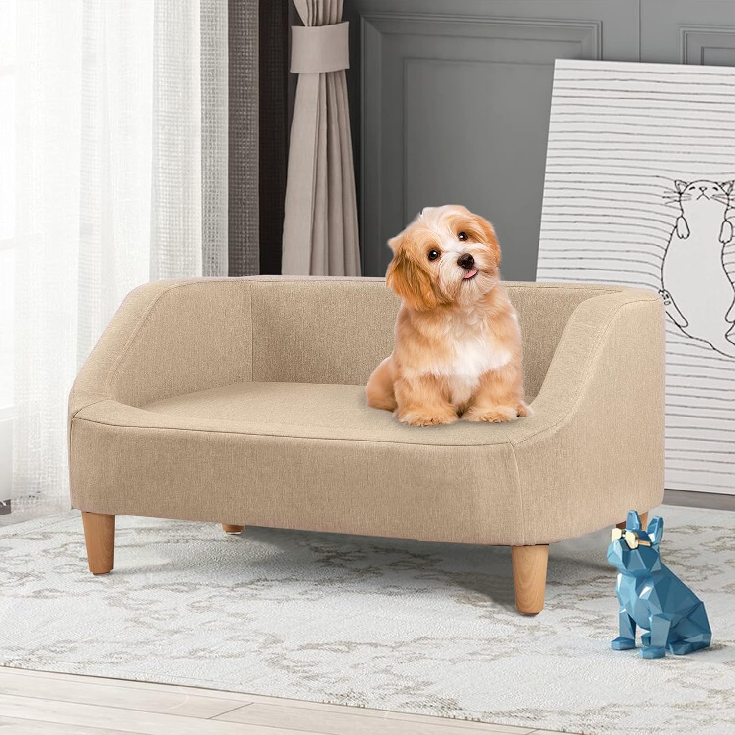 Pet Sofa with Movable Cushion, Rectangle Sofa with Wood Foot, Dog Sofa Dog Bed, Cat Sofa Cat Bed, Wooden Structure and Linen Pet Sofa Bed, Three Size (Small, Beige)