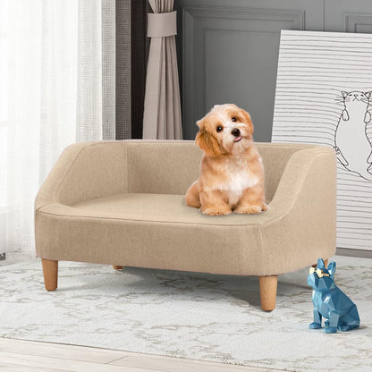 Pet Sofa with Movable Cushion, Rectangle Sofa with Wood Foot, Dog Sofa Dog Bed, Cat Sofa Cat Bed, Wooden Structure and Linen Pet Sofa Bed, Three Size (Small, Beige)