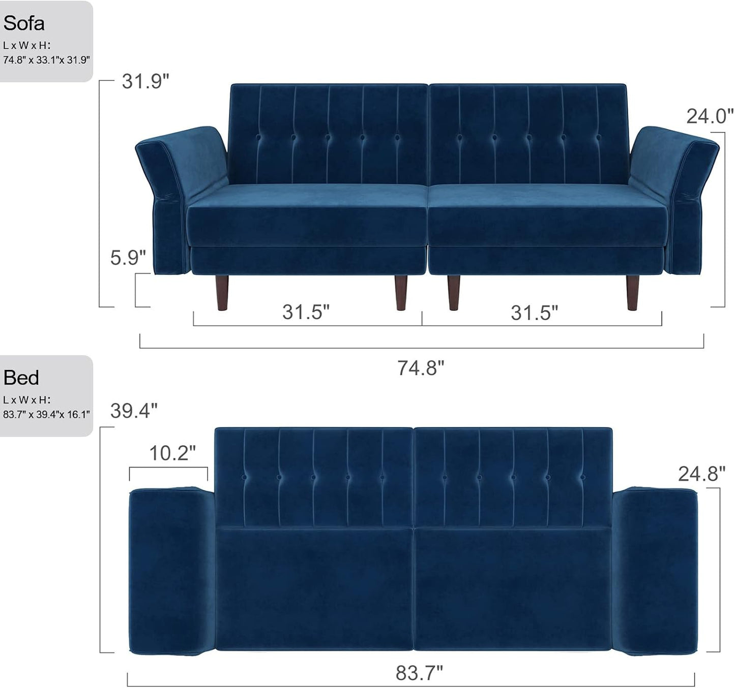 Velvet Convertible Futon Sofa Bed Memory Foam Futon Couch Sleeper Sofa Blue