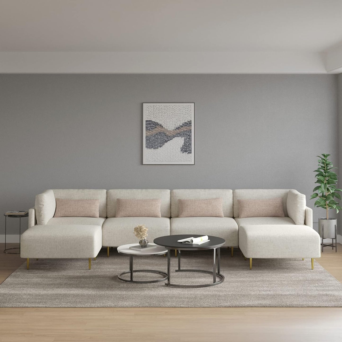 Sectional Sofa Couch, Modular U Shape Sofa Couch, Modern Minimalist Sofa Couch with 2 Ottoman 4 Throw Pillows for Living Room, Apartment, Beige