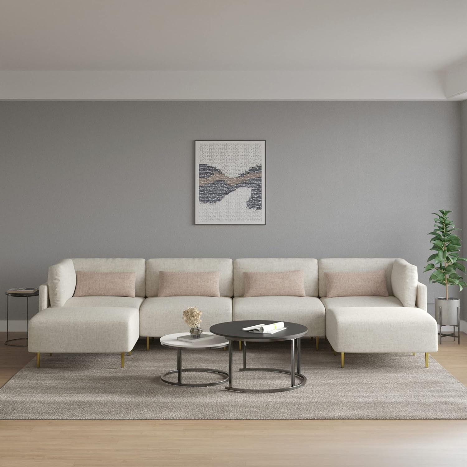 Sectional Sofa Couch, Modular U Shape Sofa Couch, Modern Minimalist Sofa Couch with 2 Ottoman 4 Throw Pillows for Living Room, Apartment, Beige