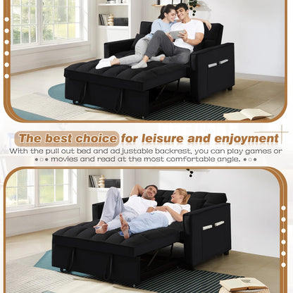 4-In-1 Convertible Futon Sofa Bed, Pull Out Couch Beds Loveseat Sleeper, Black Velvet