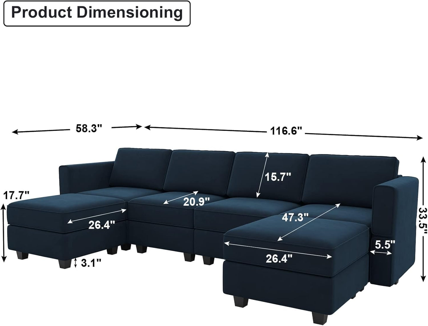 Modular Sectional Sofa U Shaped Velvet Couch with Reversible Chaise Oversized Couch with Ottoman Blue…