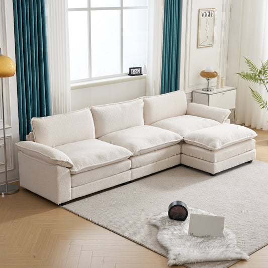 120" W Sectional Sofa Modern Convertible Couch with Double Cushions L Shaped Sofa with Reversible Chaise, Teddy Velvet Sofa Set with 3 Wider Seater Teddy White