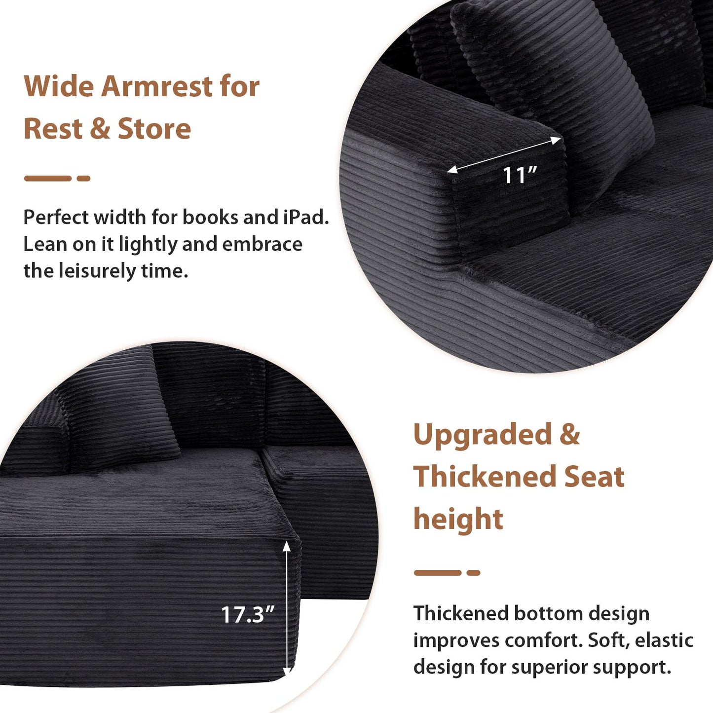 Indoor Modular Sectional Sofa, 132'' Corduroy Cloud Couch with Double Chaise, U Shaped Sofas with Deep Seat, Comfy Fluffy Plush Couches, No Assembly Required, Black