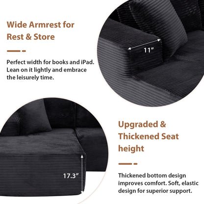 Indoor Modular Sectional Sofa, 132'' Corduroy Cloud Couch with Double Chaise, U Shaped Sofas with Deep Seat, Comfy Fluffy Plush Couches, No Assembly Required, Black