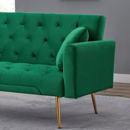 71 Inches Velvet Futon Sofa Bed with 2 Pillows,Modern Convertible Futon Couch with 3 Adjustable Backrest Angles and Gold Metal Feet,Suitable for Apartment,Living Room,Small Space,Green