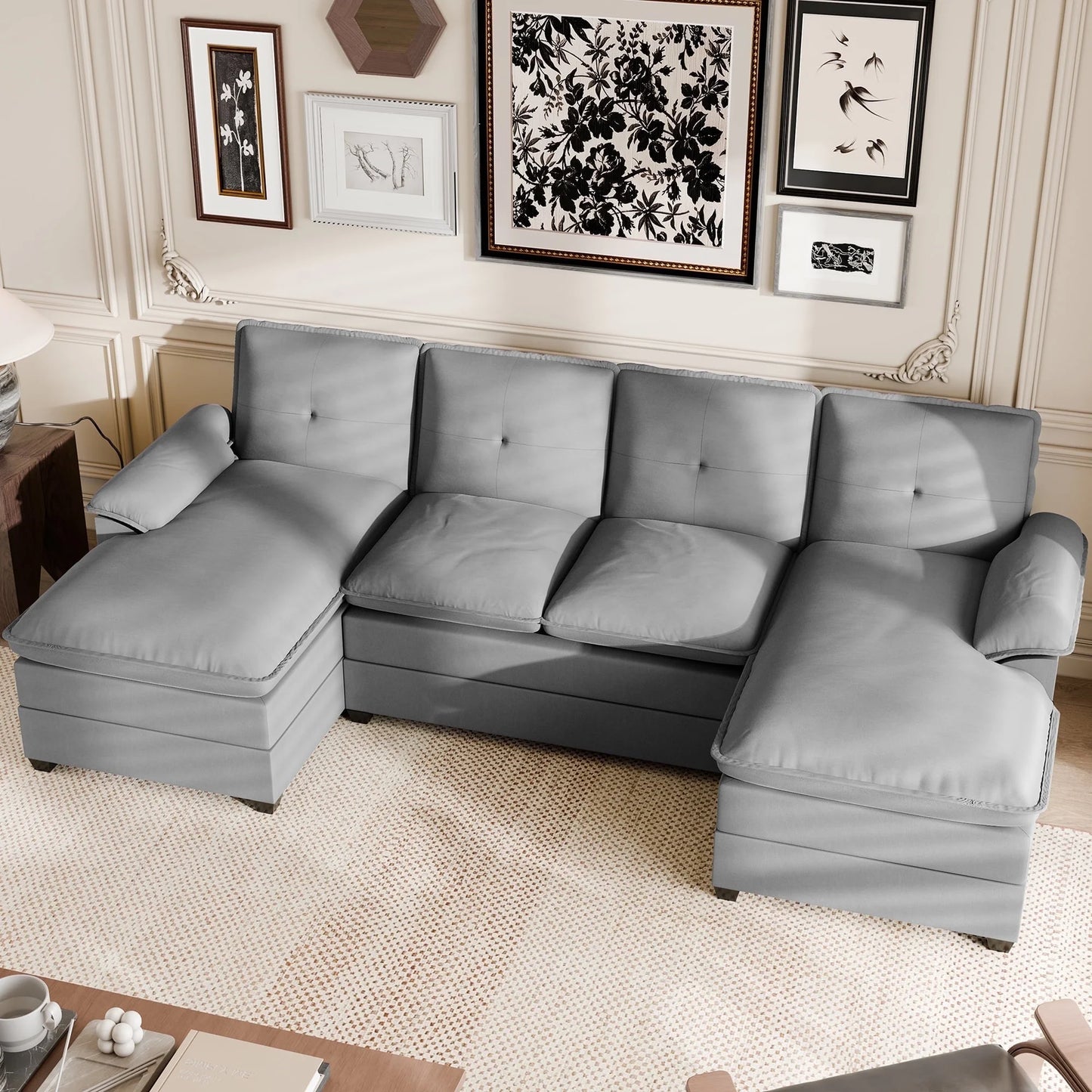 Sectional Sofa Couches Set Oversized U Shaped Sleeper Bed Couch with Double Chaise 4-Seat Cloud Couch for Living Room Home Apartment Light Gray