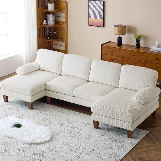 U-Shaped Sectional Sofa, 111" Corduroy Couch, 4 Seat Lounge Sleeper with Double Chaise for Living Room off White
