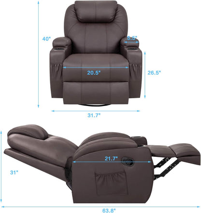 PU Leather Chair Magic Adjustable Home Theater Single Recliner Thick Seat and Backrest, 360° Swivel and Rocking Sofa for Living Room, Brown