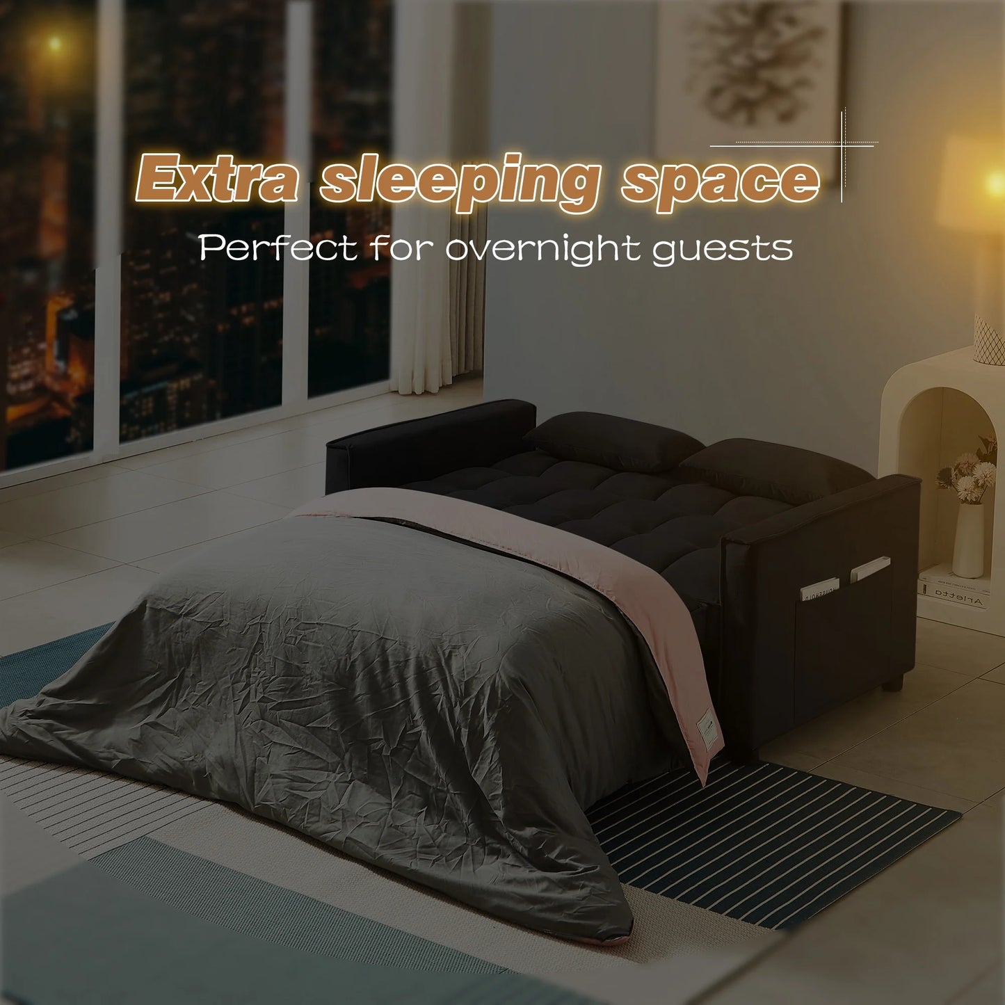 4-In-1 Convertible Futon Sofa Bed, Pull Out Couch Beds Loveseat Sleeper, Black Velvet