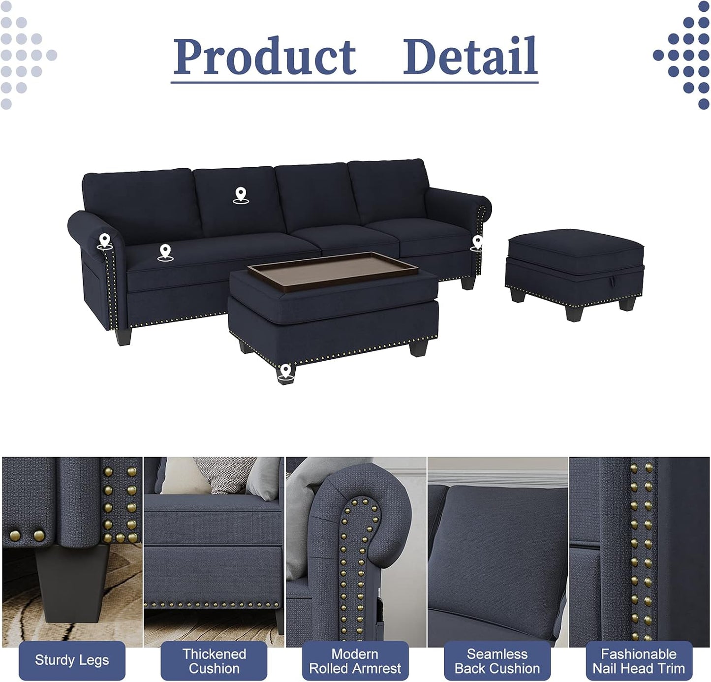 Convertible Sectional Sofa Couch, L Shaped Sofa with Storage Ottoman, Reversible Couch for Living Room, Denim Blue