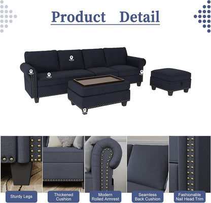 Convertible Sectional Sofa Couch, L Shaped Sofa with Storage Ottoman, Reversible Couch for Living Room, Denim Blue