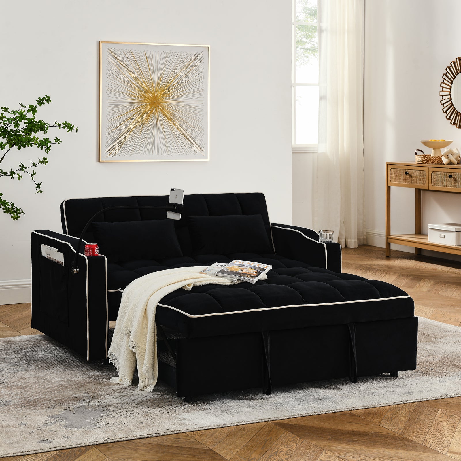 3 in 1 Convertible Sleeper Sofa Bed Loveseat Sofa Couch Pull Out Sofa Bed Black