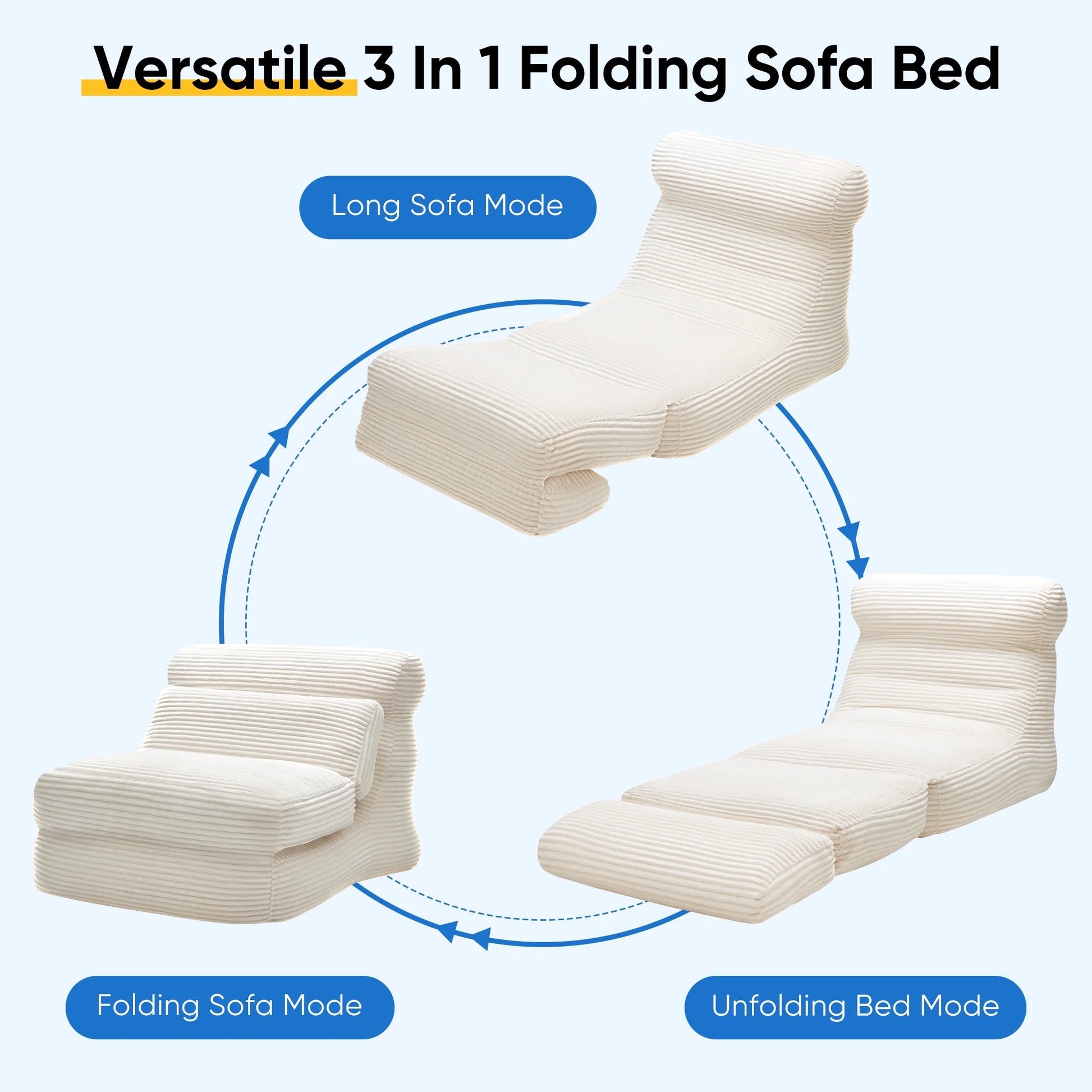 Folding Sofa Bed, 3 in 1 Convertible Sofa with Back Support, Portable Folding Chair Bed, Living Room Bedroom Comfortable Floor Sofa Lounge, Single Bed, White