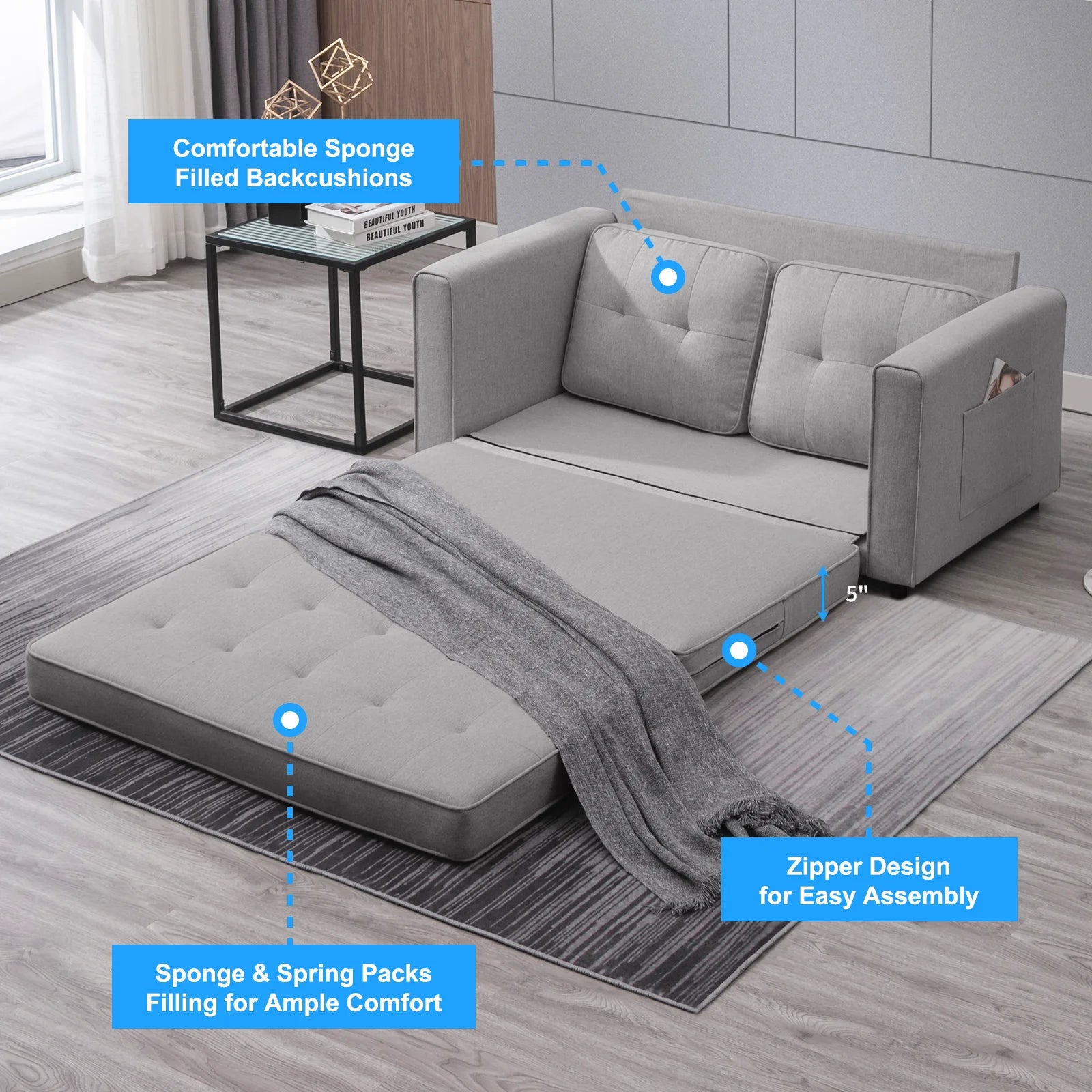 Loveseat Sleeper Sofa, 55.5"*84.5" Convertible Futon Sofa Bed with Pull Out Couch, Folding Couch Bed,Linen, Light Grey