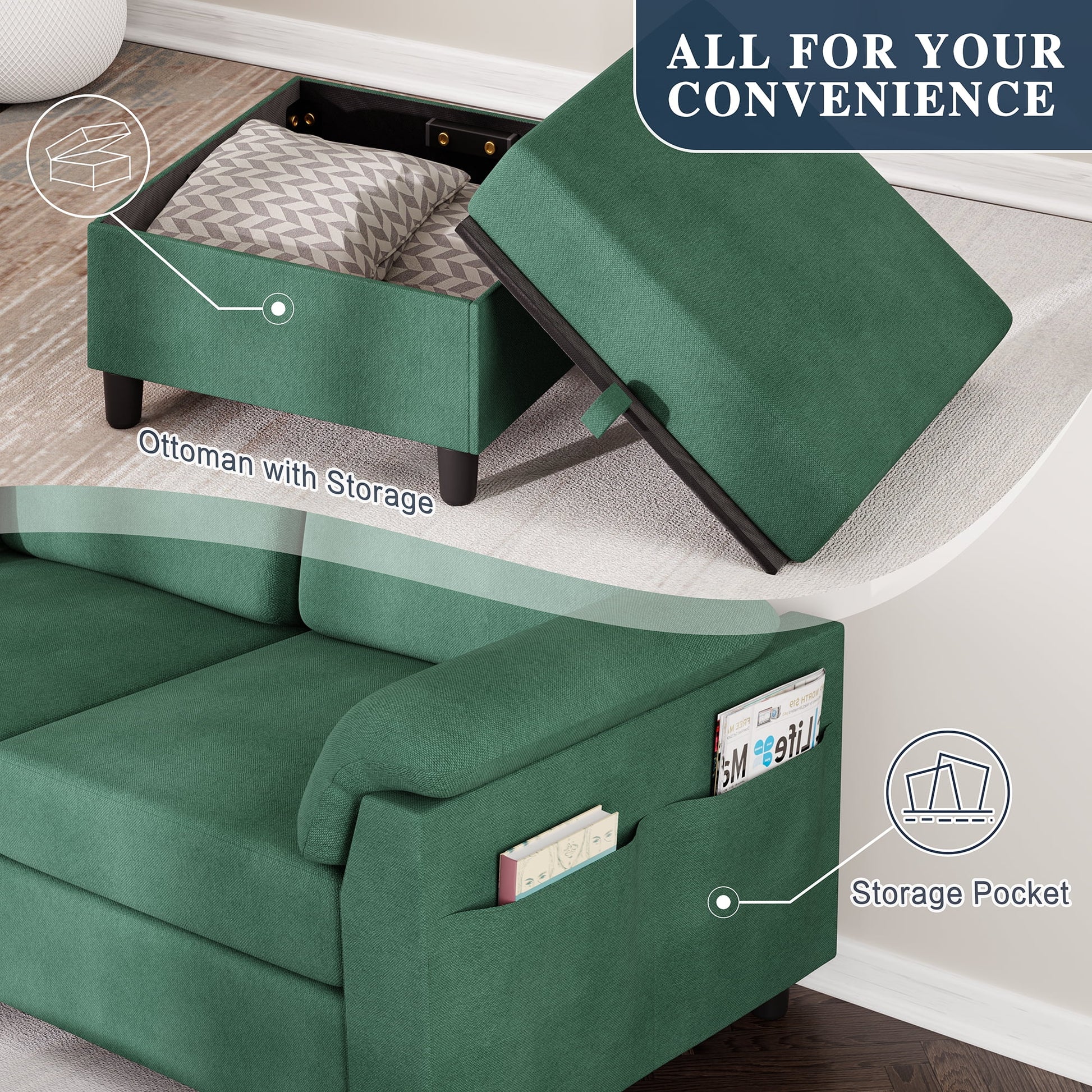 79.1" Sectional Sofa with Movable Storage Ottoman, L-Shaped Convertible Sofa Couch for Small Living Room, Green