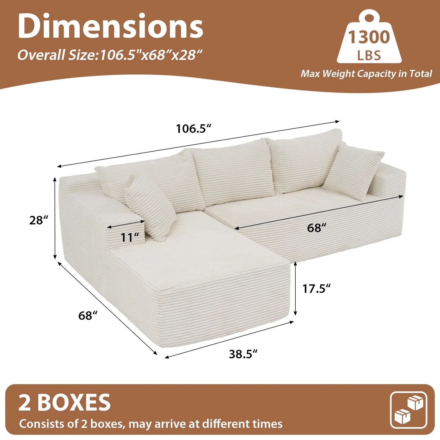 Indoor Modular Sectional Sofa, 106" Corduroy Cloud Couch L Shaped Sofas with Deep Seat, Comfy Fluffy Plush Couches, No Assembly Required, Left Chaise, White