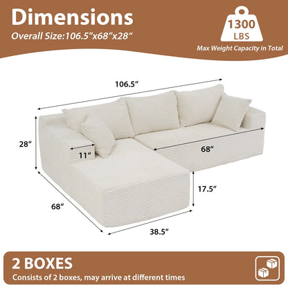 Indoor Modular Sectional Sofa, 106" Corduroy Cloud Couch L Shaped Sofas with Deep Seat, Comfy Fluffy Plush Couches, No Assembly Required, Left Chaise, White