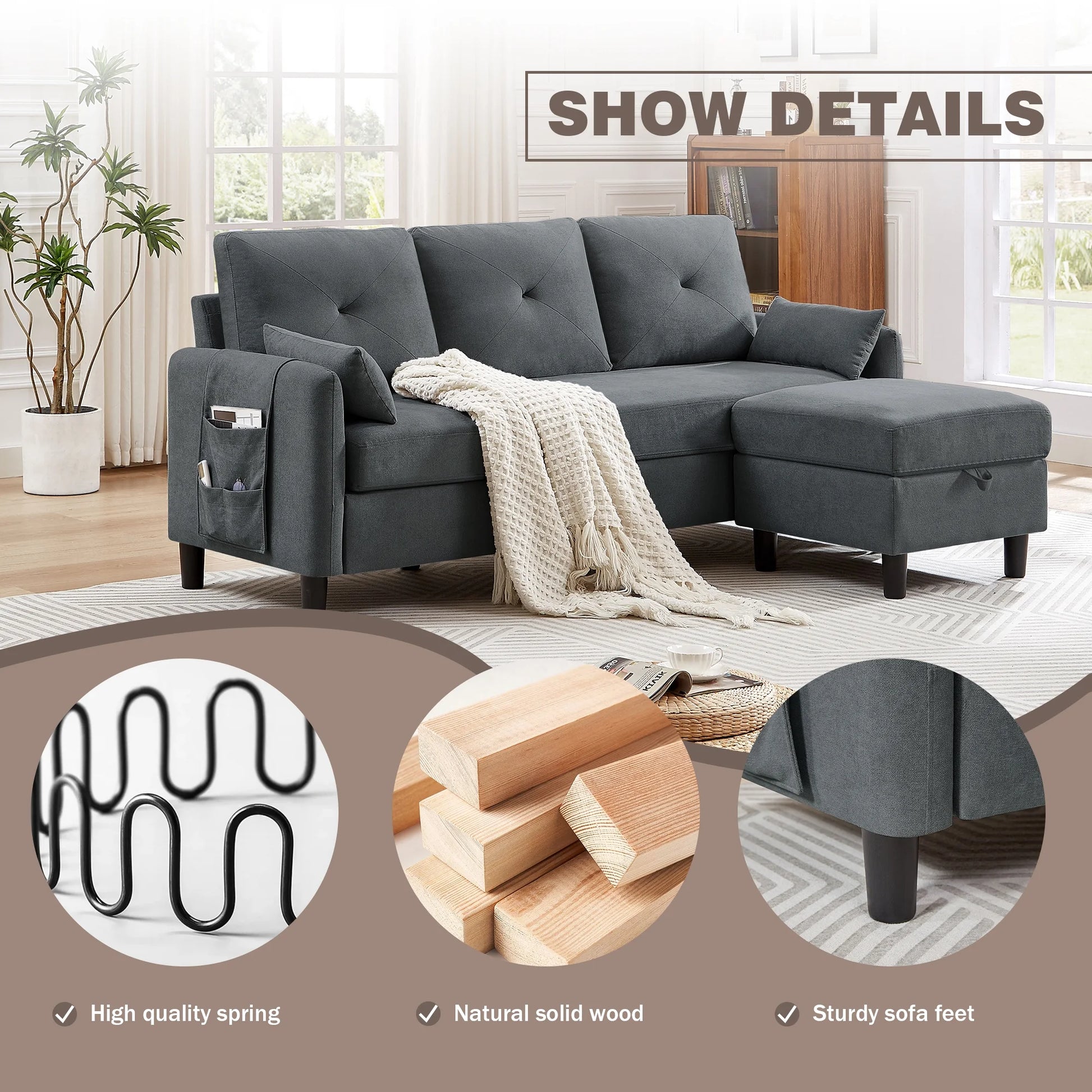 Convertible Sectional Sofa L Shaped Sofa Modern Fabric 3 Seat Couch with Reversible Storage Ottoman and Side Storage Pocket for Living Room Office Apartment Studio