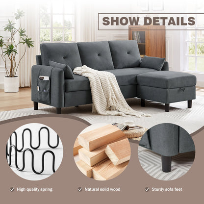 Convertible Sectional Sofa L Shaped Sofa Modern Fabric 3 Seat Couch with Reversible Storage Ottoman and Side Storage Pocket for Living Room Office Apartment Studio