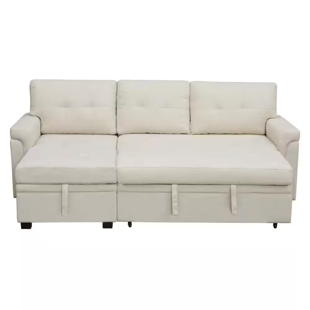 84.64 In. W Stylish Reversible Velvet Sleeper Sectional Sofa Storage Chaise Pull-Out Convertible Sofa in Cream