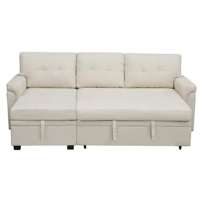 84.64 In. W Stylish Reversible Velvet Sleeper Sectional Sofa Storage Chaise Pull-Out Convertible Sofa in Cream