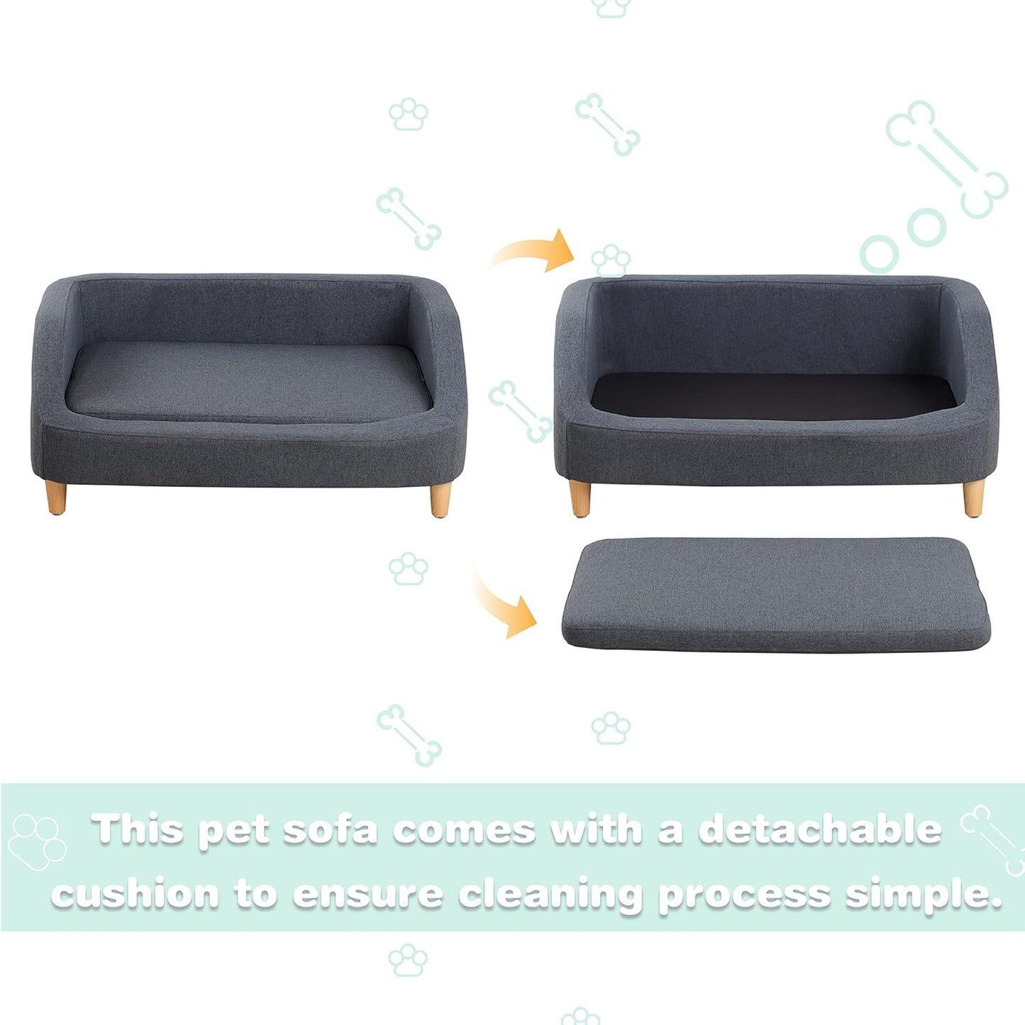 37" Pet Sofa Bed, Dog Sofa, Cat Sofa, Cat Bed, Pet Bed, Dog Bed, Cat Bed, Rectangle Pet Sofa with Detachable Cushion/Elegant Wood-Like Foot, Comfortable and Safe Pet Sofa (Gray)