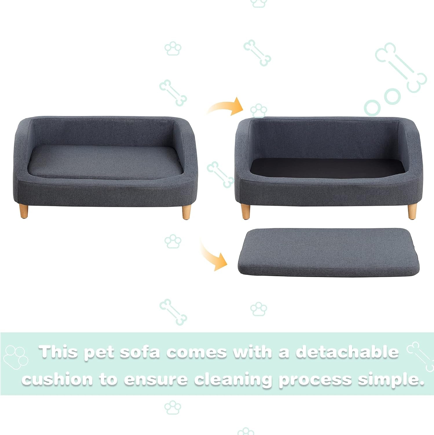 37" Pet Sofa Bed, Dog Sofa, Cat Sofa, Cat Bed, Pet Bed, Dog Bed, Cat Bed, Rectangle Pet Sofa with Detachable Cushion/Elegant Wood-Like Foot, Comfortable and Safe Pet Sofa (Gray)