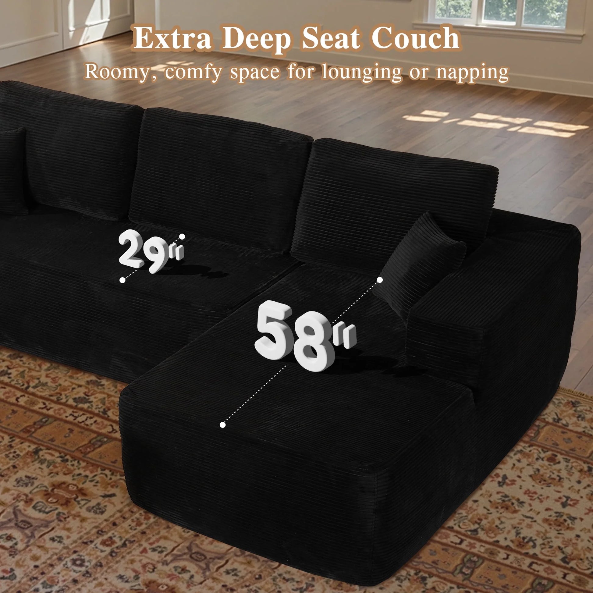 106" U-Shaped Sectional Sofa with Ottoman Modern Modular Cloud Couch with Deep Seating Upholstered Sofa for Living Room Bedroom, No Assembly Required, Black(Corduroy)