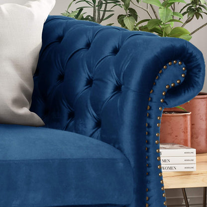 Great Deal Furniture  Chesterfield Tufted Jewel Toned Velvet Sofa with Scroll Arms, Navy Blue