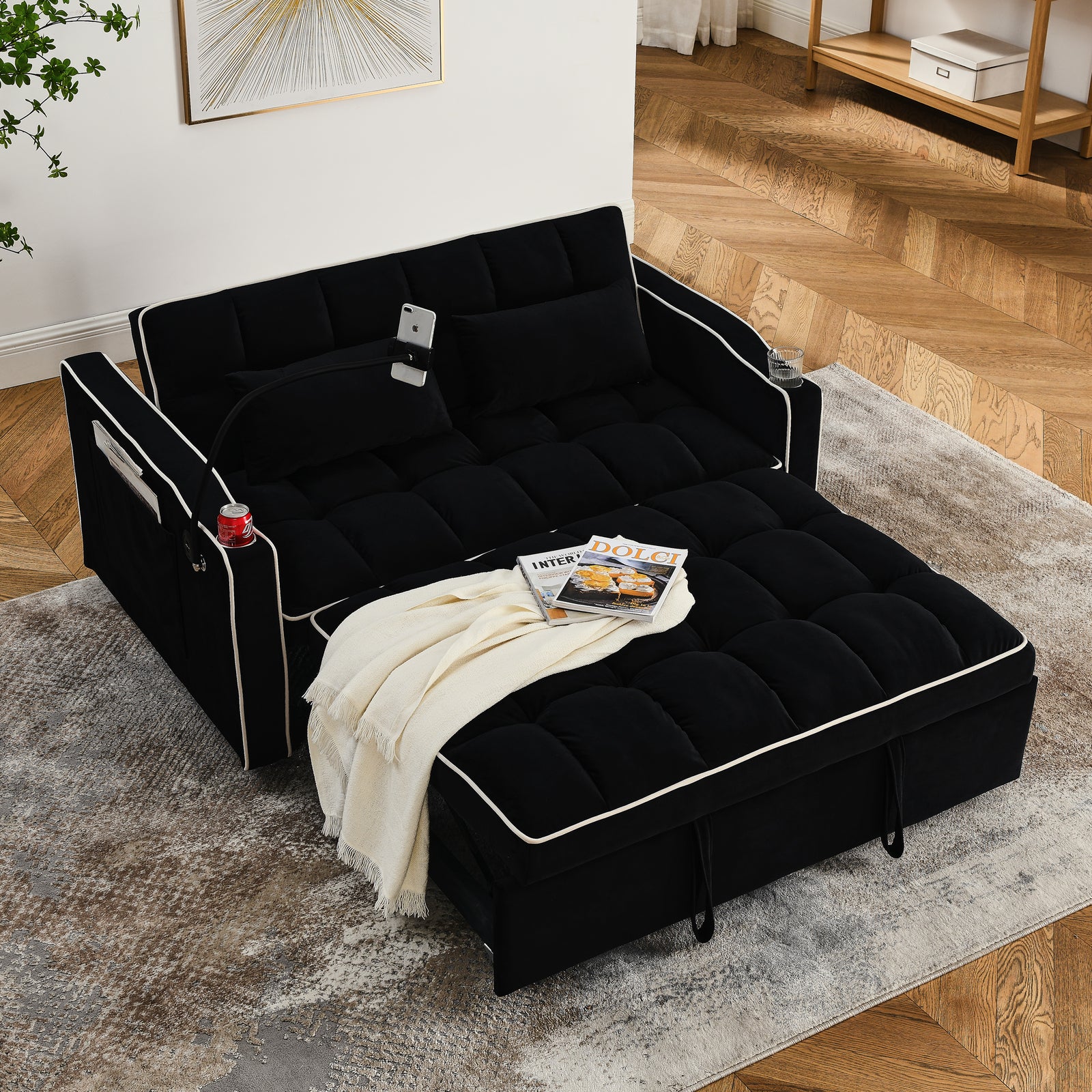 3 in 1 Convertible Sleeper Sofa Bed Loveseat Sofa Couch Pull Out Sofa Bed Black