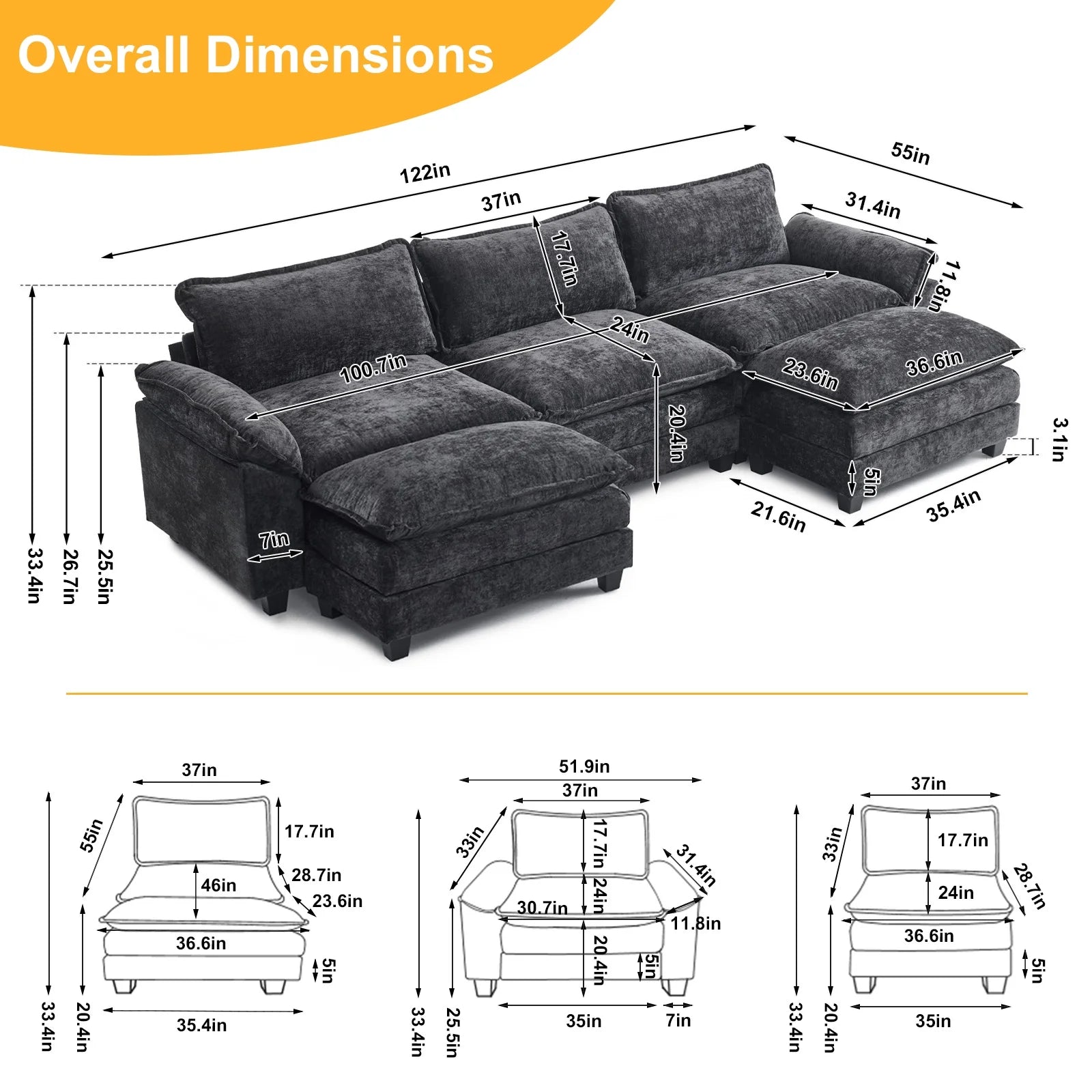 120" W Sectional Sofa U Shaped Couch with Double Chaise Chenille Sleeper Set with 3 Oversized Seats Black