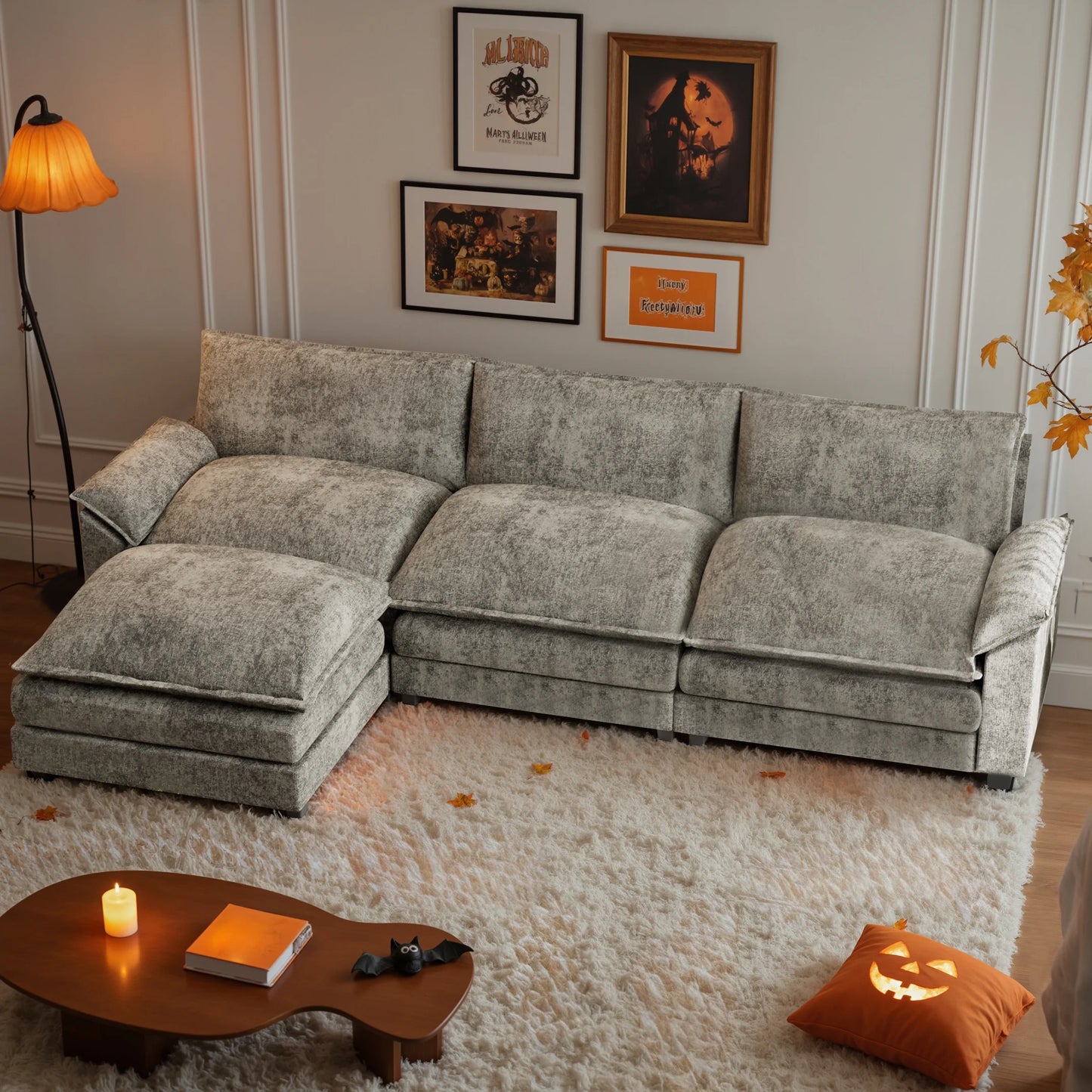 Sectional Sofa 3-Seat L-Shaped Sofa with Reversible Toffee Chair Movable Footrest Sofa,Gray