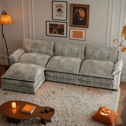 Sectional Sofa 3-Seat L-Shaped Sofa with Reversible Toffee Chair Movable Footrest Sofa,Gray
