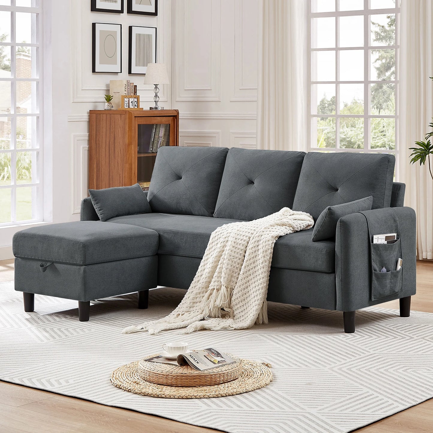 Convertible Sectional Sofa L Shaped Sofa Modern Fabric 3 Seat Couch with Reversible Storage Ottoman and Side Storage Pocket for Living Room Office Apartment Studio