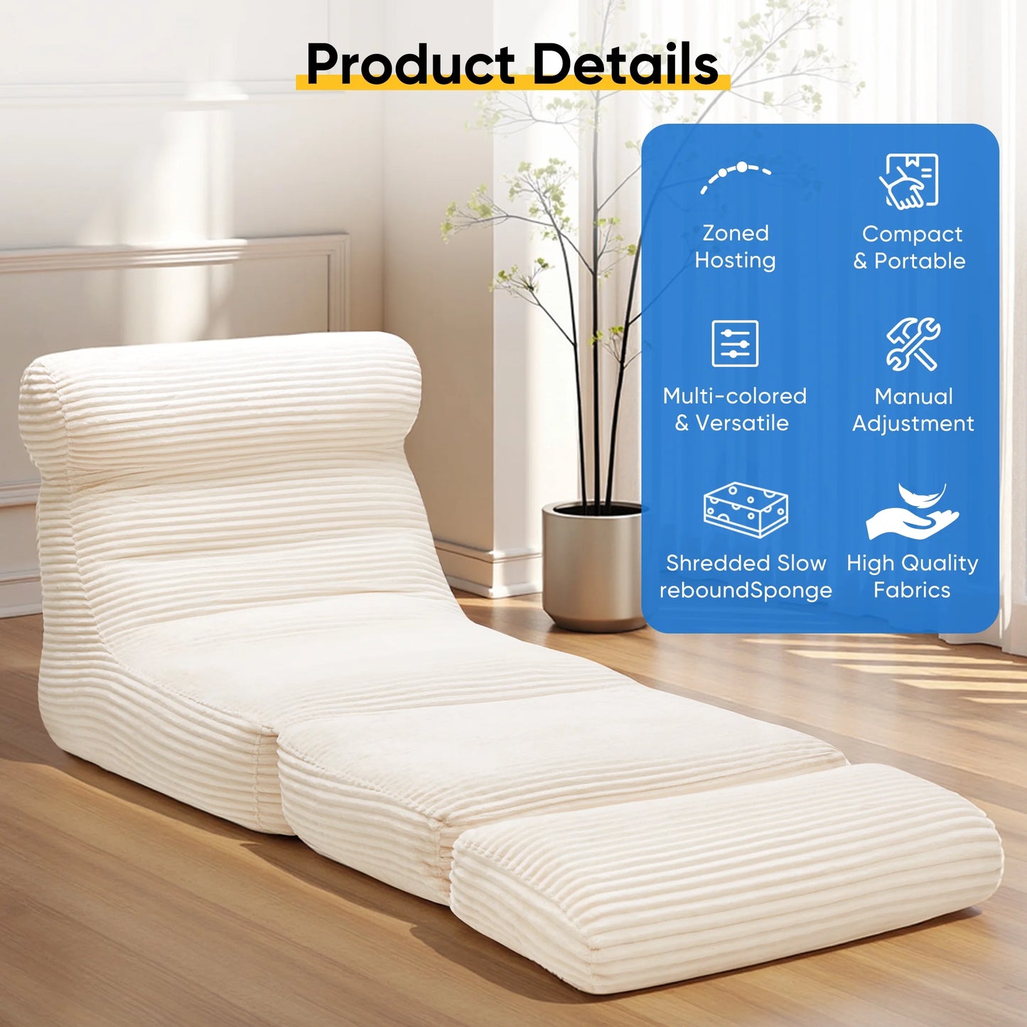 Folding Sofa Bed, 3 in 1 Convertible Sofa with Back Support, Portable Folding Chair Bed, Living Room Bedroom Comfortable Floor Sofa Lounge, Single Bed, White