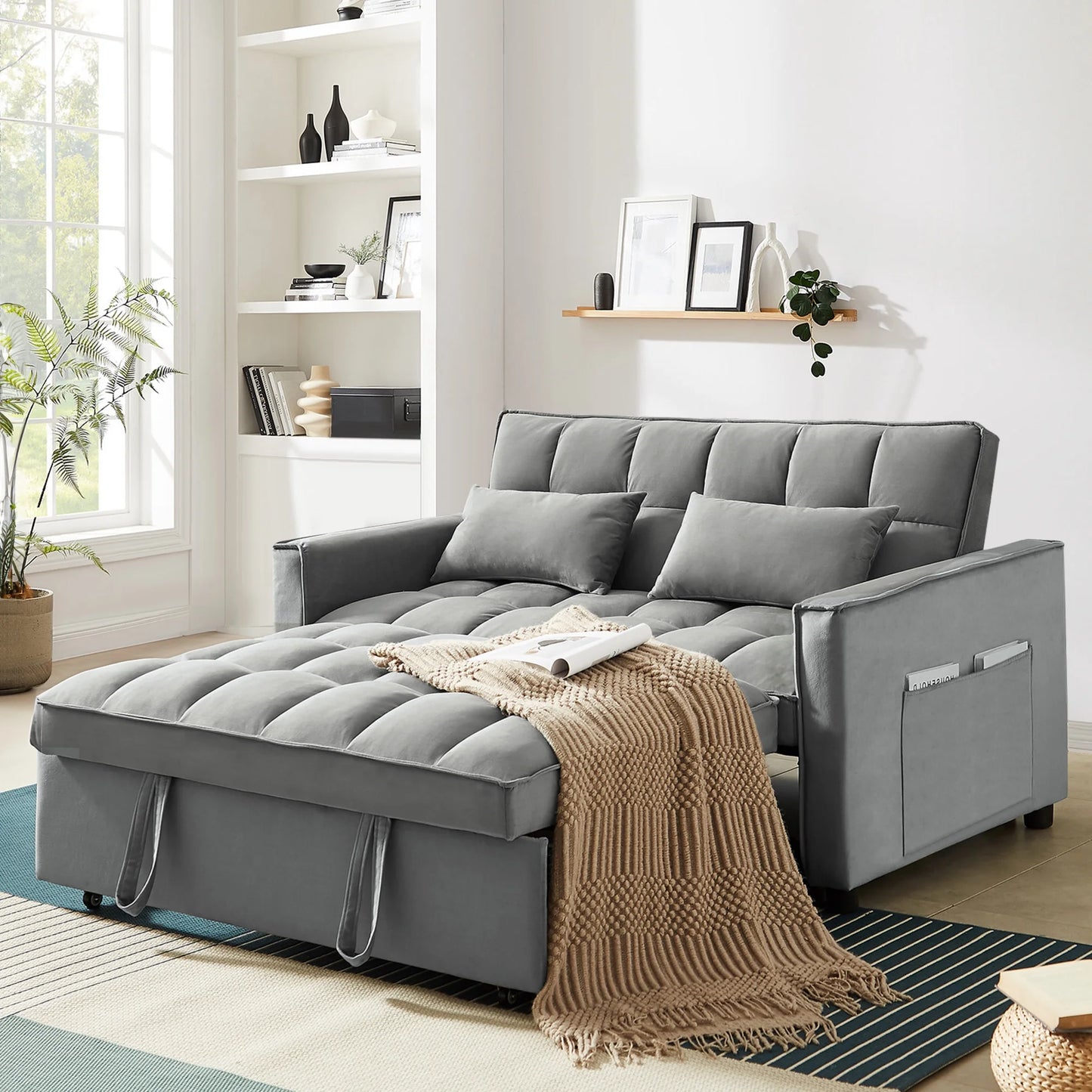 4-In-1 Convertible Futon Sofa Bed, Pull Out Couch Beds Loveseat Sleeper, Gray Velvet