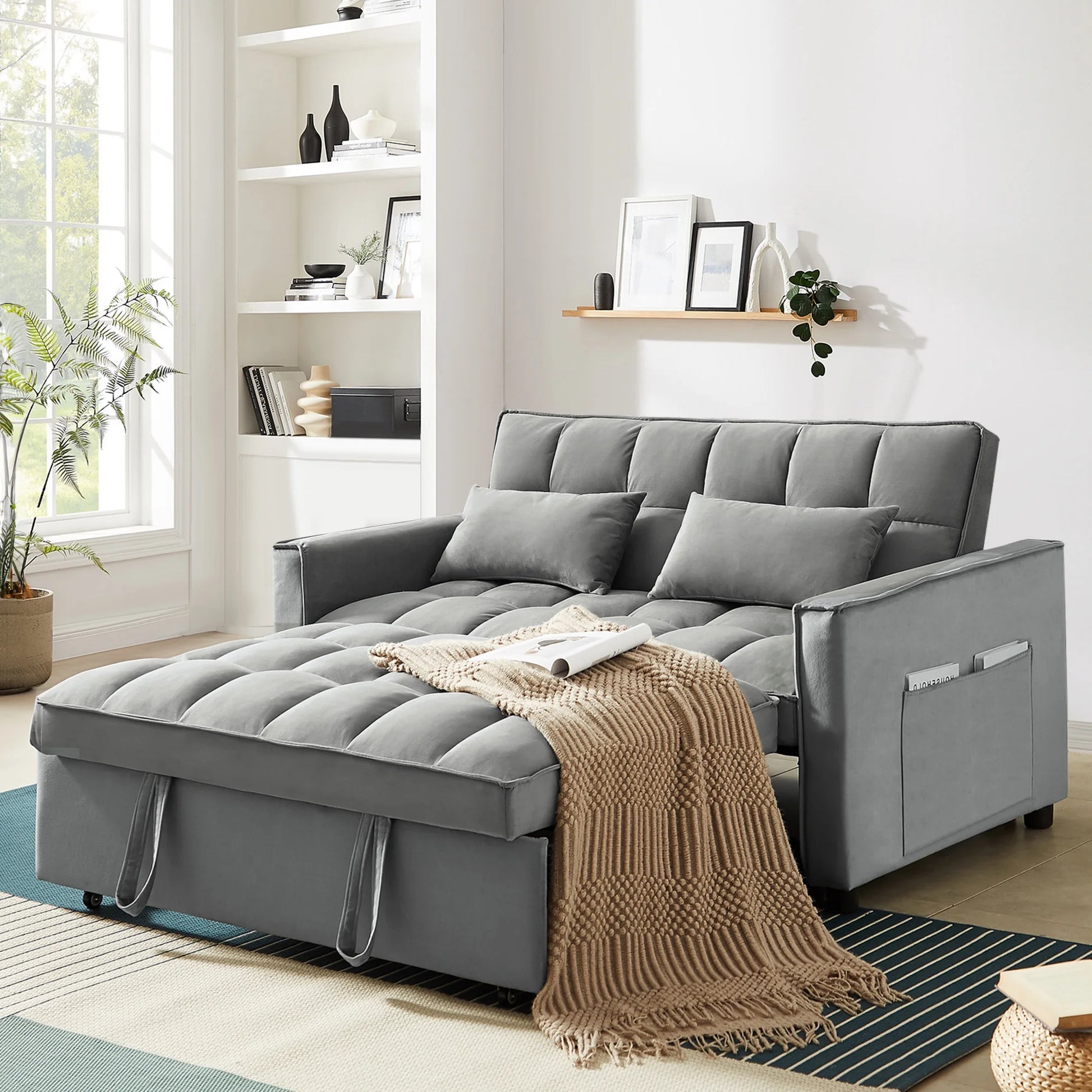 4-In-1 Convertible Futon Sofa Bed, Pull Out Couch Beds Loveseat Sleeper, Gray Velvet