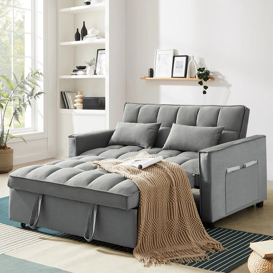 4-In-1 Convertible Futon Sofa Bed, Pull Out Couch Beds Loveseat Sleeper, Gray Velvet