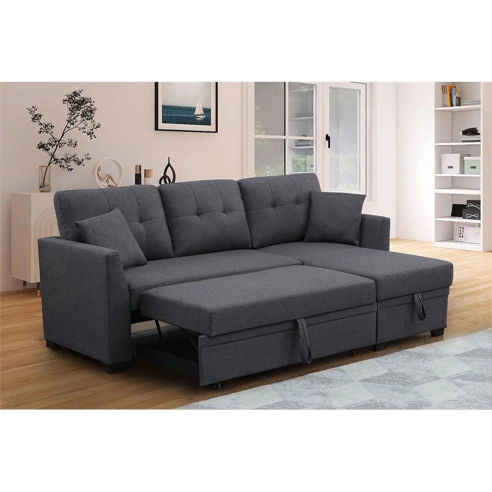 3 Seater L-Shaped Sofa with Pull-Out Sleeper Sofa, Sofa with Storage Recliner for Living Room, Bedroom, Apartment Small Combination Sofa, Dark Gray